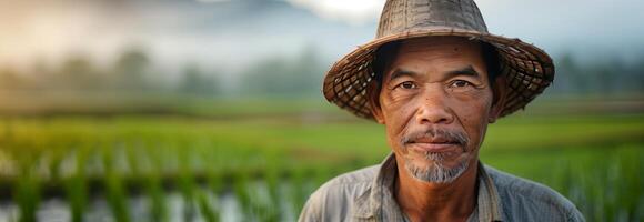 An asian man wearing a hat in front of a rice field photo