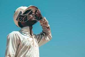 A man in a white shirt and helmet holding his head photo