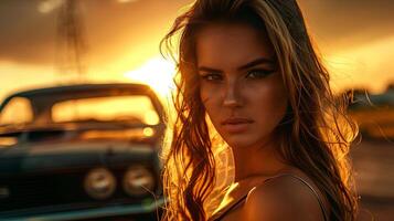 A beautiful woman is standing next to a car at sunset photo