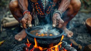 A person is cooking food over an open fire photo