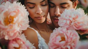 A man and woman are surrounded by pink flowers photo