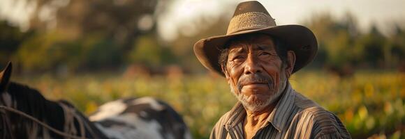 An old man in a hat stands in front of a horse photo