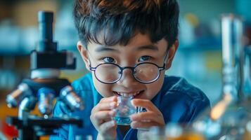 A young boy in glasses is looking at a microscope photo