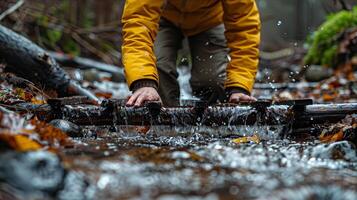 A man in a yellow jacket is standing on a log photo