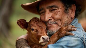 A man wearing a cowboy hat holding a baby calf photo