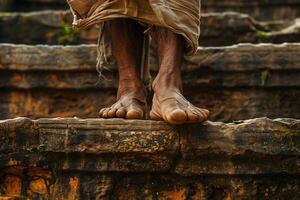 A man with bare feet standing on a stone ledge photo