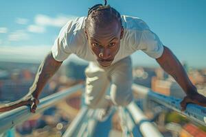 A man is doing a handstand on a railing photo