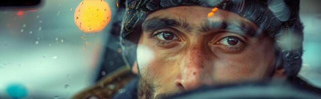 A man looking through a car window photo
