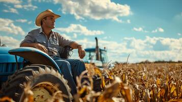 A man in a cowboy hat sitting on a tractor in a corn field photo