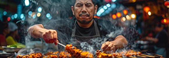 A man is cooking food on a grill photo