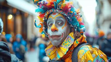 A clown in colorful costume on the street photo