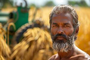 An indian man standing in a field with a tractor photo