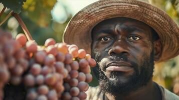 A man with a hat and a beard is standing in front of a bunch of grapes photo