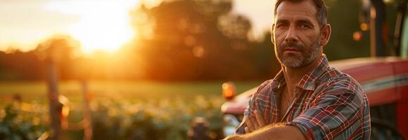 A man standing in front of a tractor at sunset photo