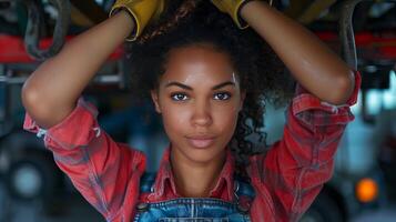 A young woman with a red shirt and overalls photo
