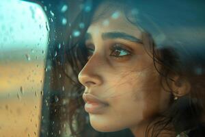 A woman looking out the window of a car photo