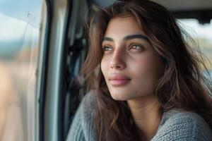 A woman looking out the window of a car photo