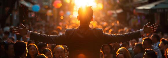 A man is standing in front of a crowd with his arms outstretched photo