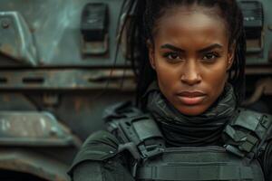 A woman in military gear standing in front of a vehicle photo