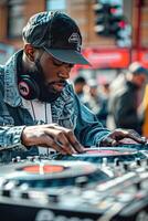 A man in a hat and jacket playing a dj photo