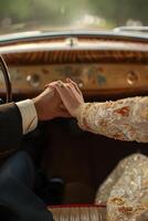 A bride and groom in a vintage car photo