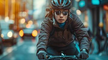 A man wearing a helmet and sunglasses riding a bike photo