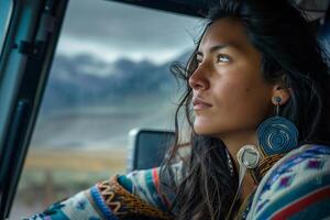 A woman wearing earrings and looking out the window photo