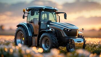 Modern tractor working in a cotton field during sunset with vibrant sky colors and soft lighting photo
