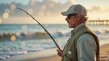 Fisherman casting line at sunrise along the serene shoreline of the ocean photo