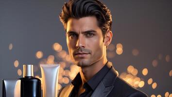 Confident man showcasing hair care products against a blurred bokeh background of golden lights at a stylish salon event photo