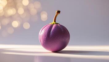 Bright purple fruit with a glossy surface is displayed against a soft, blurred background photo