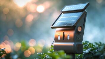 Innovative solar charging station in a garden during golden hour with bokeh background photo