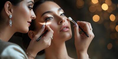 Makeup artist skillfully applies makeup on a model in an elegant setting with soft lighting during a beauty session photo