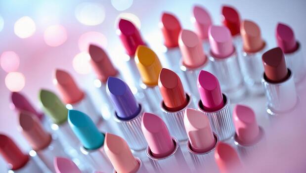 Bright array of colorful lipsticks displayed on a counter in a beauty store during daylight hours photo