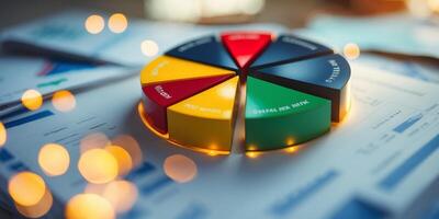 Colorful pie chart displays data analysis tools on a workspace table with blurred bokeh lights in the background photo