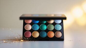 Colorful eyeshadow palette displayed with sparkly glitter on a smooth surface and soft light in the background photo