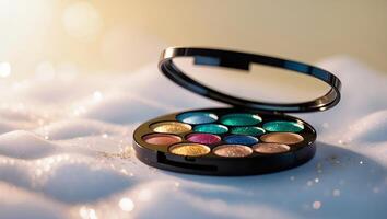 Bright and colorful eye shadow palette on soft fabric with sparkling details glowing in warm light photo