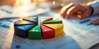 Colorful pie chart on financial documents illustrates data analysis in a modern office setting during the afternoon photo