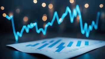 Data visualization with glowing lines over graphs and charts in a business workspace during evening hours photo