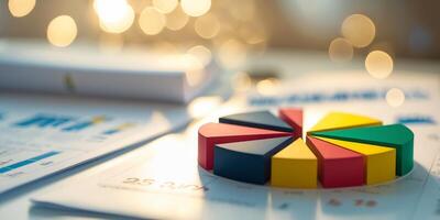 Colorful pie chart and data reports displayed on a desk in a well-lit office environment focusing on analysis and planning photo