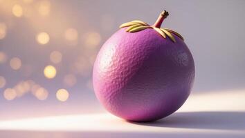 Unique purple fruit showcasing a glossy surface and playful design against a blurred background photo