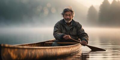 Elderly man paddles a canoe across a serene lake at dawn with mist rising from the water and trees in the background photo