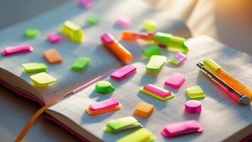 Colorful sticky notes scattered on an open notebook during afternoon sunlight photo