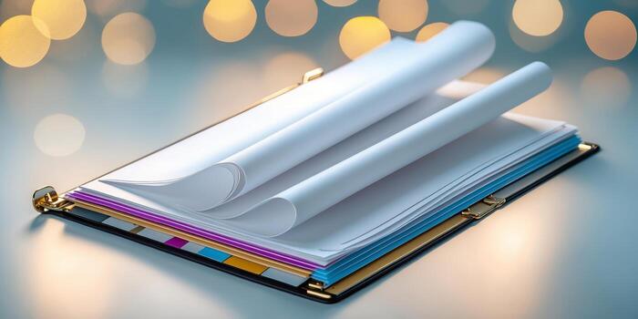 Organized collection of colorful folders and blank sheets arranged neatly on a soft surface illuminated by blurred lights photo