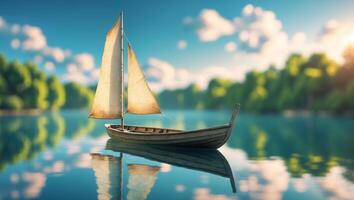 Tranquil sailing boat on a serene lake under bright blue skies during a peaceful afternoon photo