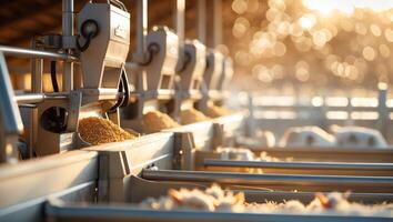 Feeding time at a farm during golden hour with sunlight illuminating the feeding troughs and animals nearby photo
