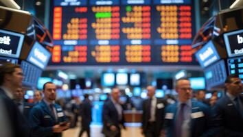 Trading activity in a busy financial market with displays showing stock prices and traders at work during a trading session photo
