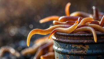 Freshly collected worms in a rustic bucket surrounded by nature on a sunny day photo