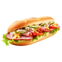 Hearty sub roll loaded with ham, cheese, lettuce, and tomato on transparent background png