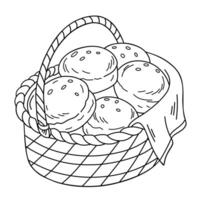 Black and white outline illustration of bread rolls in a woven basket with a cloth. Perfect for coloring pages, bakery designs, menu templates, or culinary themed microstock content. vector